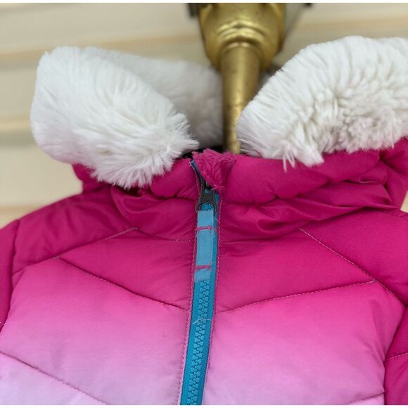 Snozu pink, blue white ombré puffer hooded jacket, faux fur trim, pockets, 3T - Picture 5 of 8